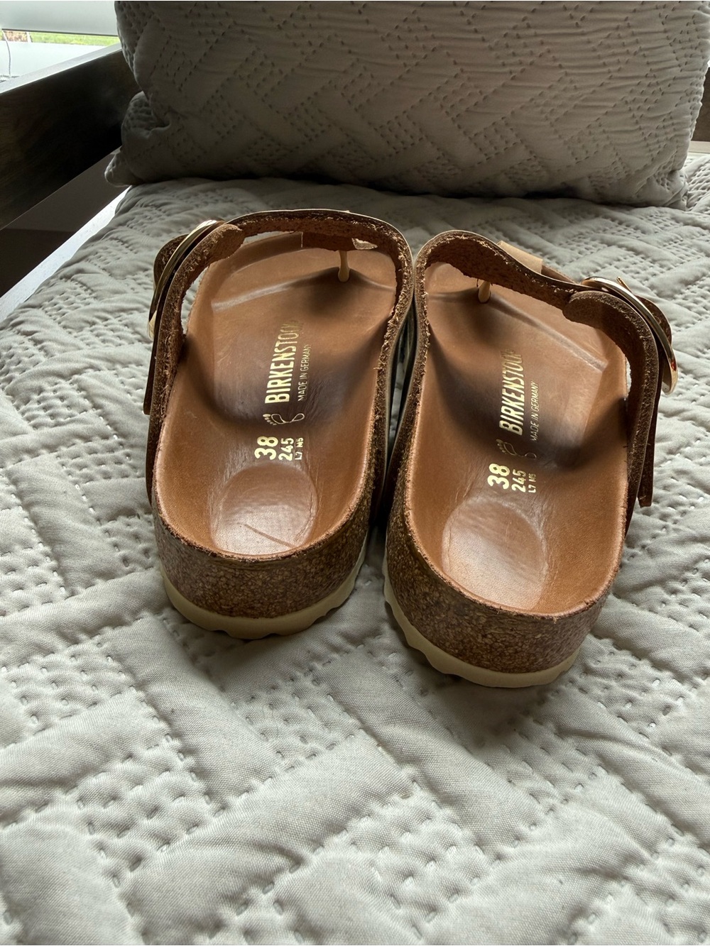 Birkenstock Big Buckle Tan Leather Slide Sandals with Gold Buckles - Picture 6 of 8